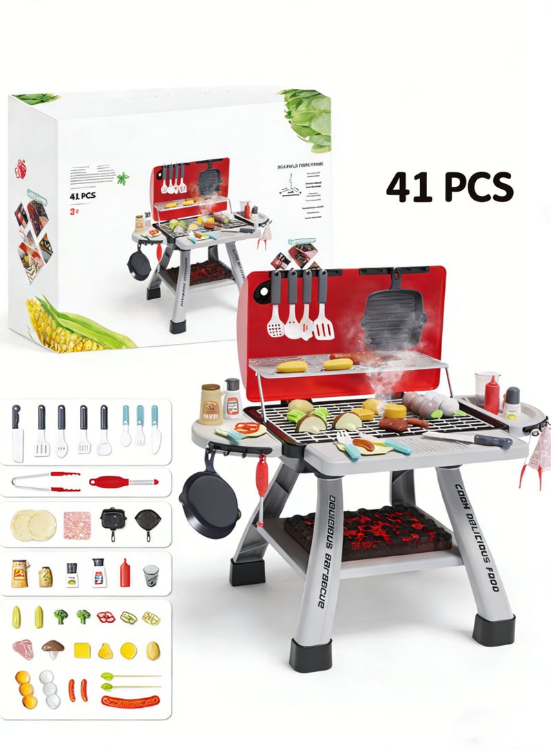 Sunbath 41PCS BBQ Play Set Toys for Kids, Kids Kitchen Playset, Barbecue Grill Toy Set, Toddler BBQ Grill Playset with Smoke Sound Light, Kitchen Toys Sets Pretend Play, Indoor Outdoor DIY Toy for Boys, Girls - Image 1